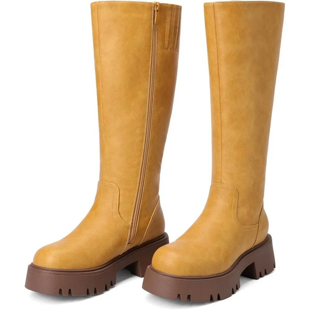 Women's Yellow Knee High Round-Toe Side Zip Stylish Comfortable Chunky Heel Boot